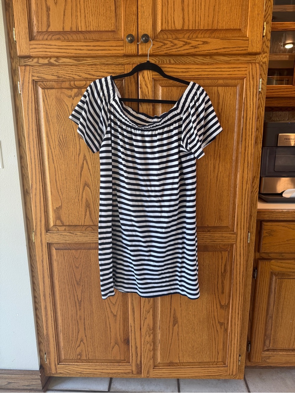 Striped Off-Shoulder Women’s dress in Navy and White